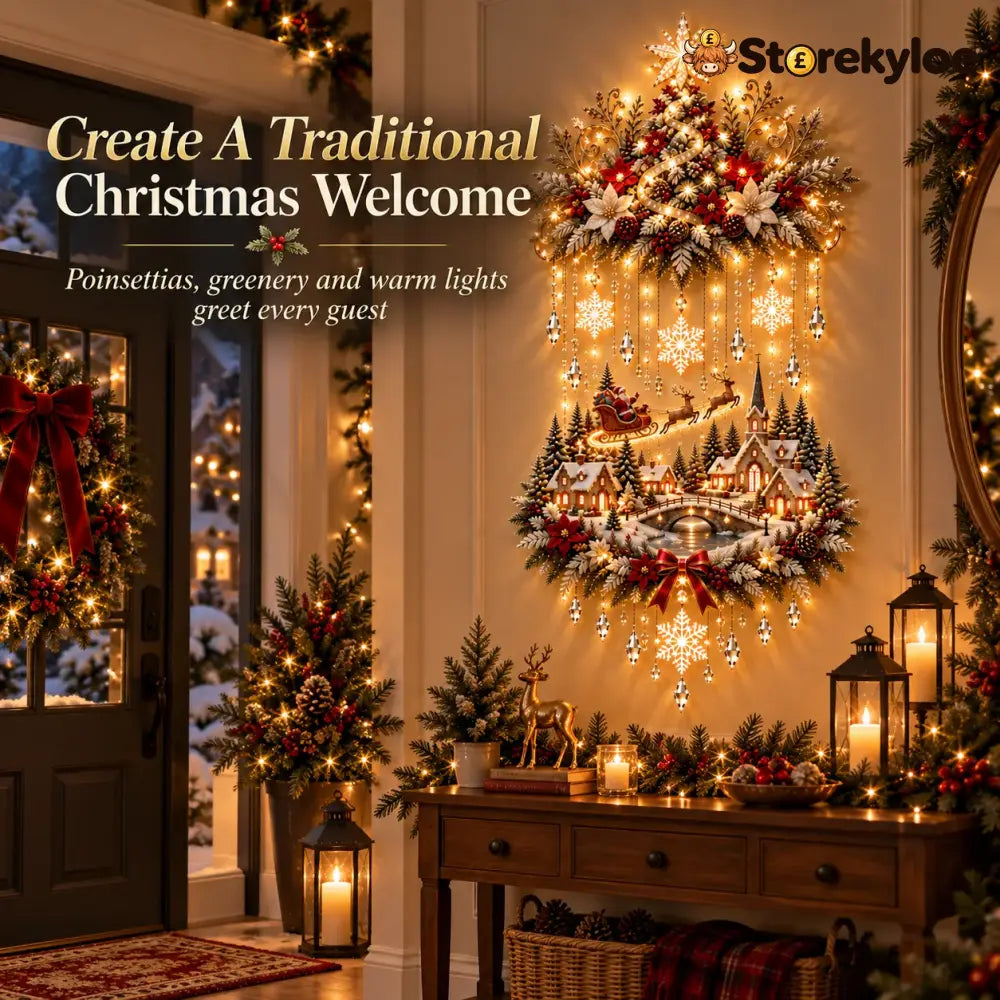 🎄 Illuminated Christmas Tree & Village Wall Hanging | Cascading Warm Lights for Living Rooms Entryways & Staircases ✨