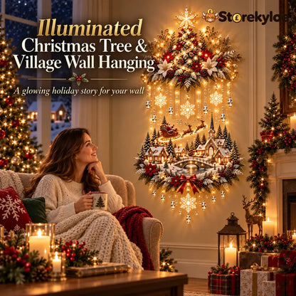 🎄 Illuminated Christmas Tree & Village Wall Hanging | Cascading Warm Lights for Living Rooms Entryways & Staircases ✨