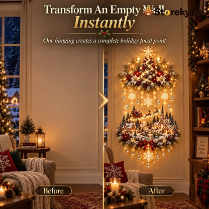 🎄 Illuminated Christmas Tree & Village Wall Hanging | Cascading Warm Lights for Living Rooms Entryways & Staircases ✨