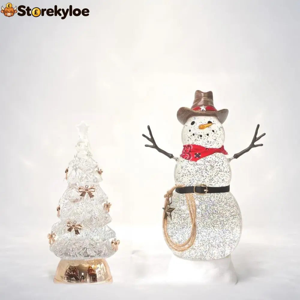 Illuminated Musical Christmas Snow Globe Lantern - Cowboy Snowman + Bow Tree