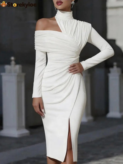 Irregularity Long Sleeves Asymmetric Pleated Solid Color Split-Front Split-Joint Split-Side High Neck Midi Dresses