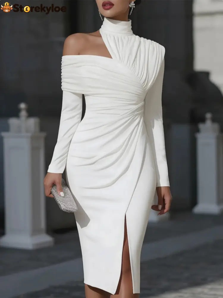 Irregularity Long Sleeves Asymmetric Pleated Solid Color Split-Front Split-Joint Split-Side High Neck Midi Dresses