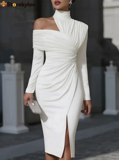 Irregularity Long Sleeves Asymmetric Pleated Solid Color Split-Front Split-Joint Split-Side High Neck Midi Dresses