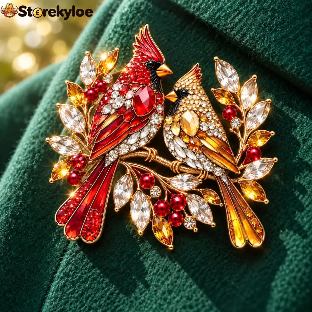 Jeweled Cardinal Pair Brooch – A Sparkling Winter Keepsake of Love & Good Fortune