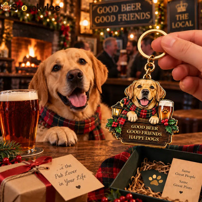 Labrador Pub Christmas Wooden Keychain | Good Beer Good Friends Happy Dogs Keyring For Dog & Beer Lovers