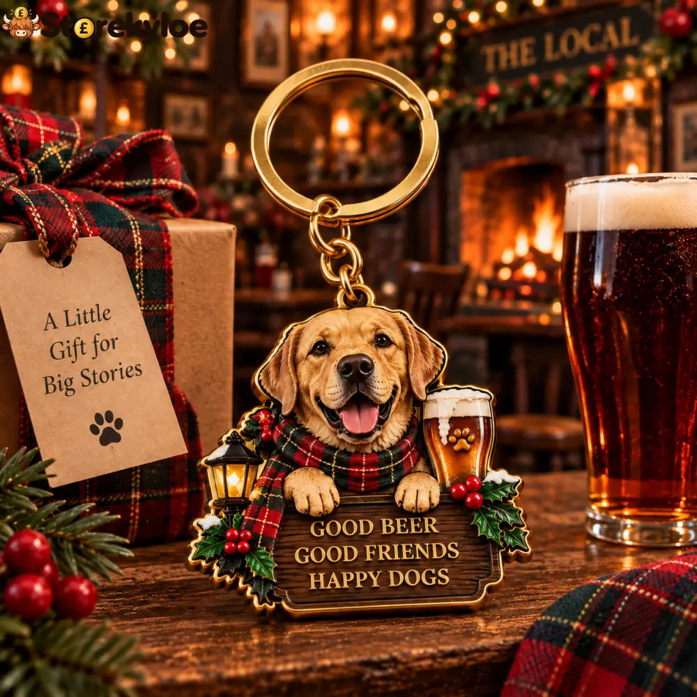 Labrador Pub Christmas Wooden Keychain | Good Beer Good Friends Happy Dogs Keyring For Dog & Beer Lovers