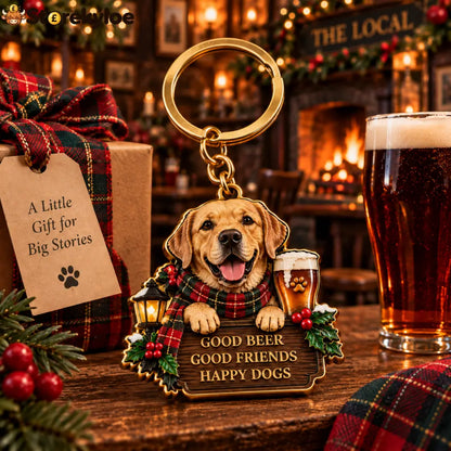 Labrador Pub Christmas Wooden Keychain | Good Beer Good Friends Happy Dogs Keyring For Dog & Beer Lovers