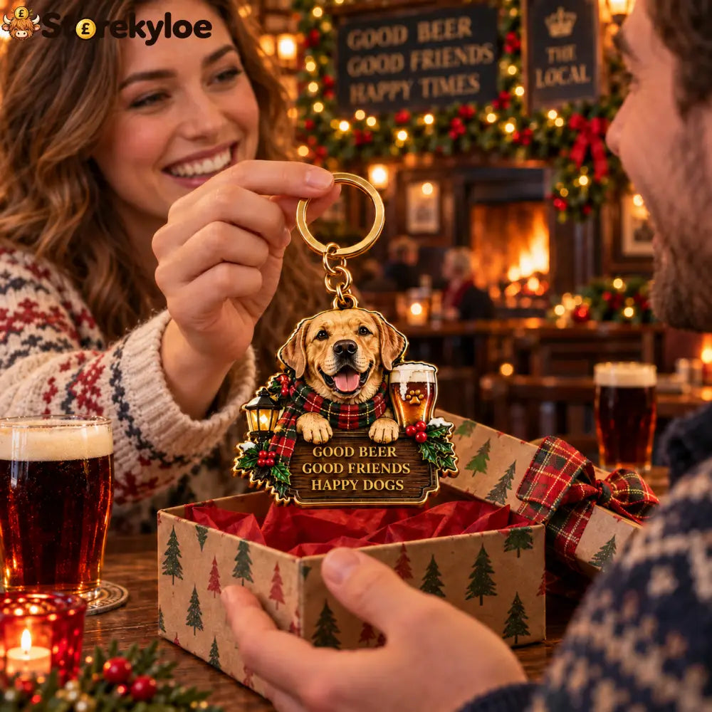 Labrador Pub Christmas Wooden Keychain | Good Beer Good Friends Happy Dogs Keyring For Dog & Beer Lovers