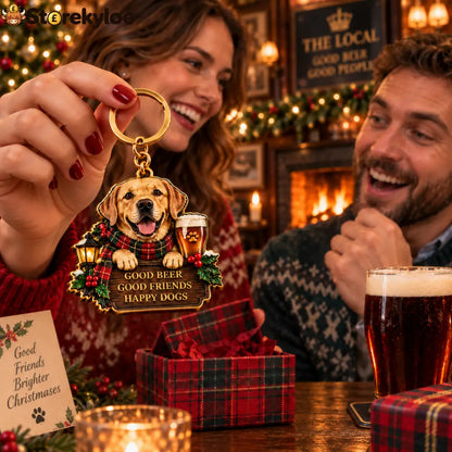 Labrador Pub Christmas Wooden Keychain | Good Beer Good Friends Happy Dogs Keyring For Dog & Beer Lovers