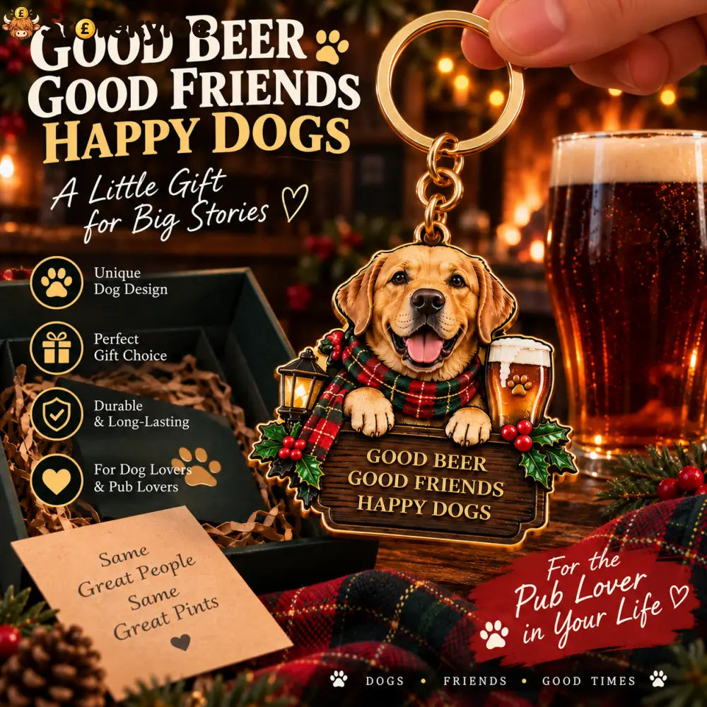 Labrador Pub Christmas Wooden Keychain | Good Beer Good Friends Happy Dogs Keyring For Dog & Beer Lovers - BUY 1