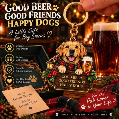 Labrador Pub Christmas Wooden Keychain | Good Beer Good Friends Happy Dogs Keyring For Dog & Beer Lovers - BUY 1