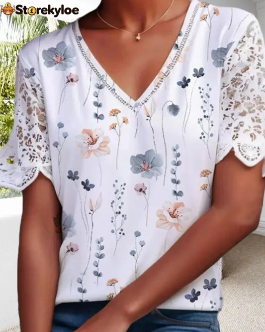Lace-patched and printed blouse