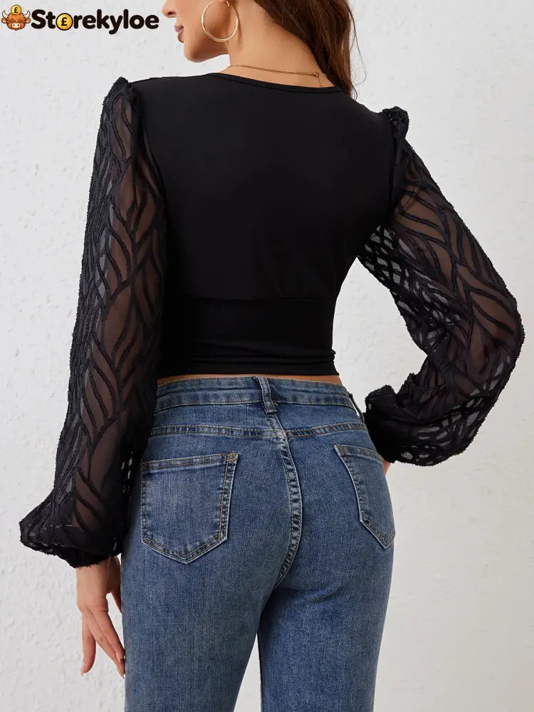 Lace Patchwork Plunge Long Sleeve Blouse
