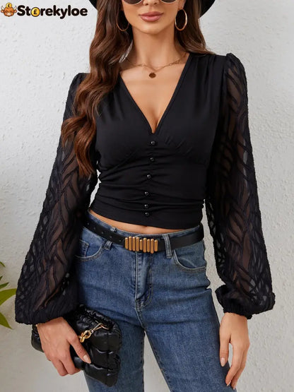 Lace Patchwork Plunge Long Sleeve Blouse
