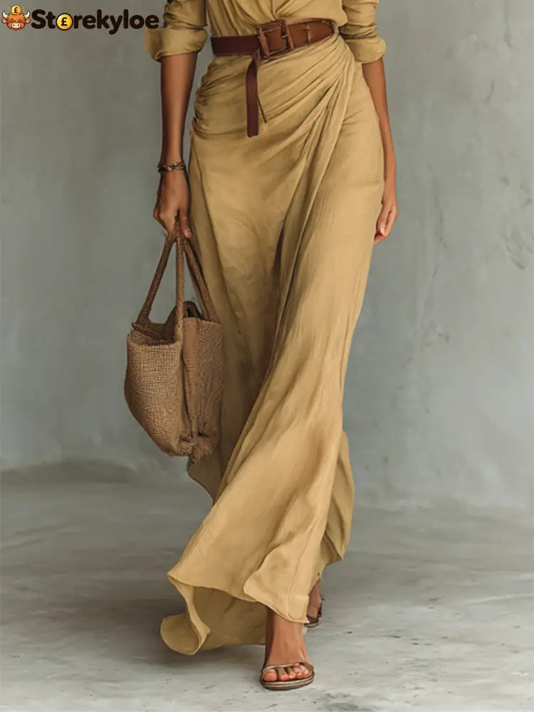 Ladies Lapel Single Breasted Long Sleeve Belted Maxi Dress