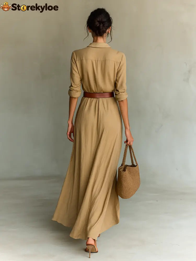 Ladies Lapel Single Breasted Long Sleeve Belted Maxi Dress