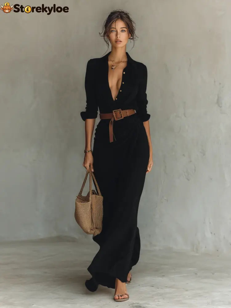 Ladies Lapel Single Breasted Long Sleeve Belted Maxi Dress - Black / XS