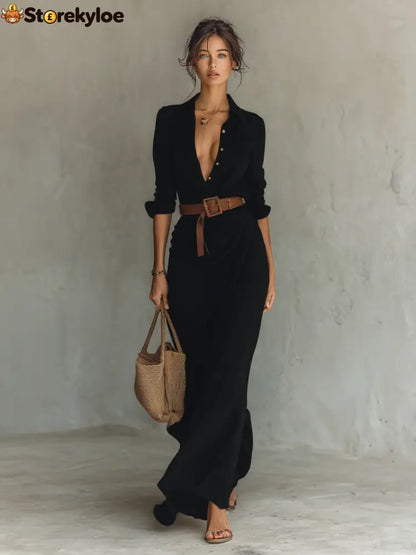 Ladies Lapel Single Breasted Long Sleeve Belted Maxi Dress - Black / XS