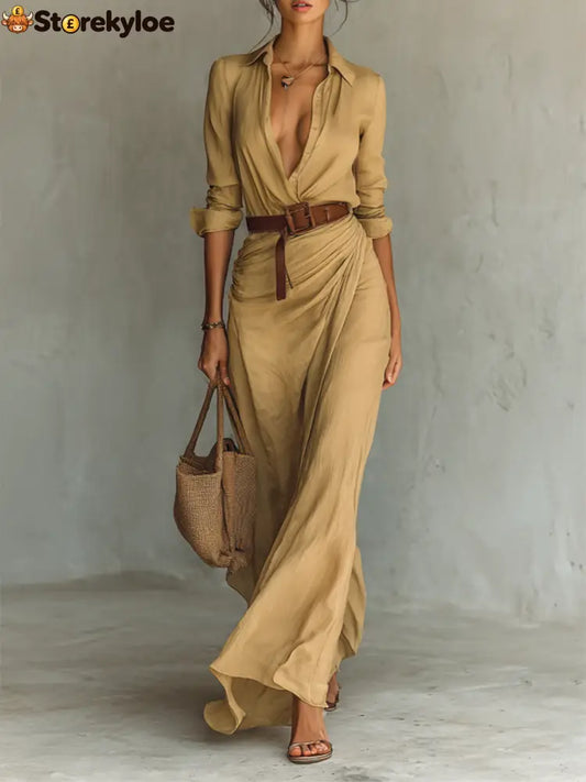 Ladies Lapel Single Breasted Long Sleeve Belted Maxi Dress - Khaki / XS
