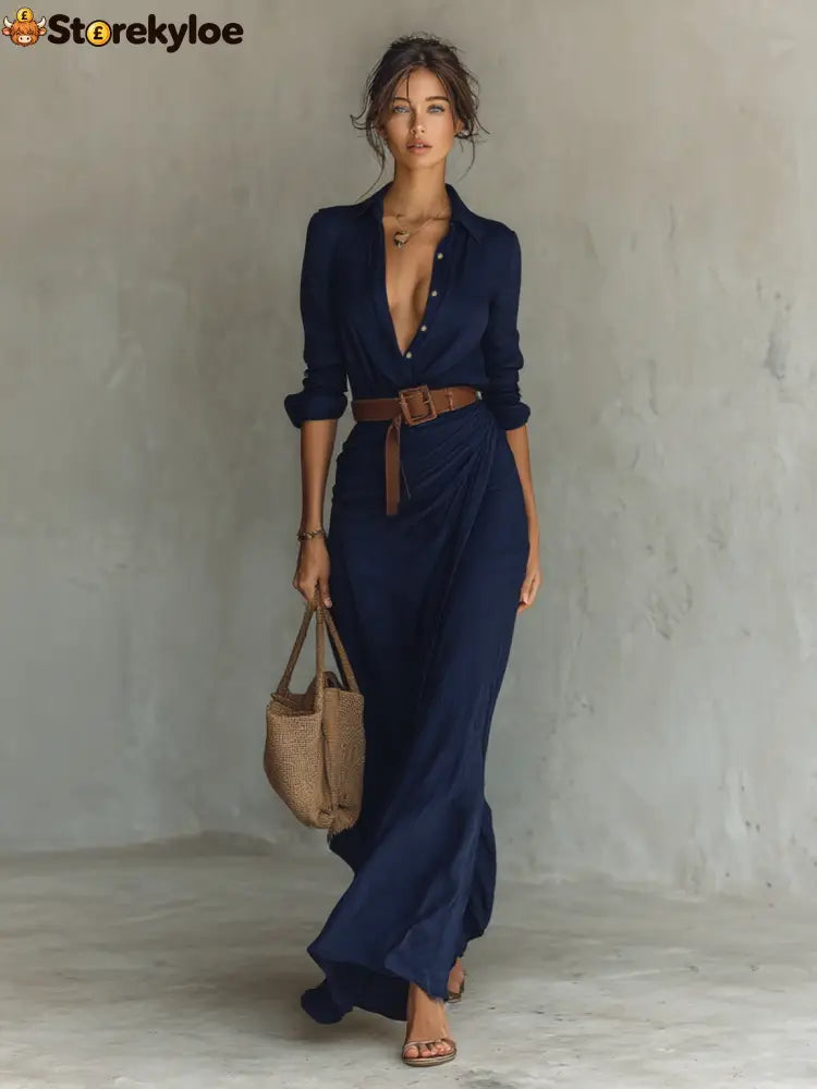 Ladies Lapel Single Breasted Long Sleeve Belted Maxi Dress - Navy / XS
