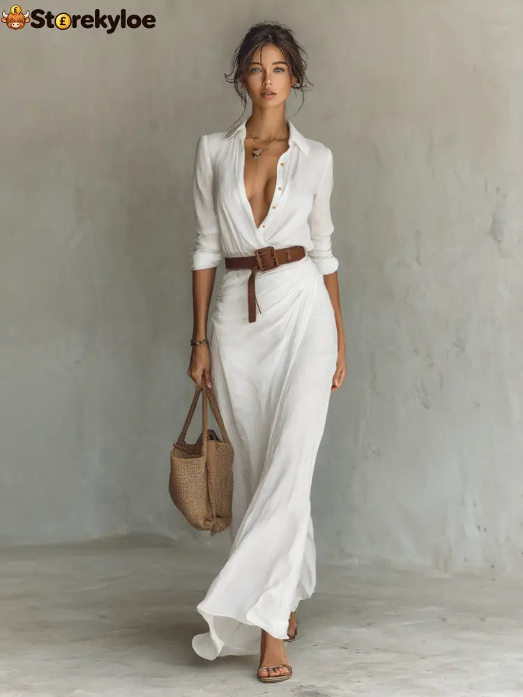 Ladies Lapel Single Breasted Long Sleeve Belted Maxi Dress - White / XS