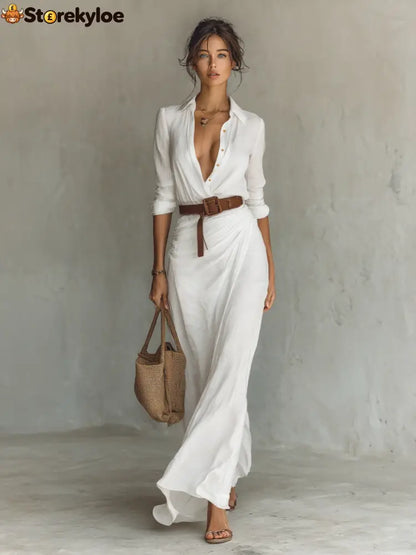 Ladies Lapel Single Breasted Long Sleeve Belted Maxi Dress - White / XS