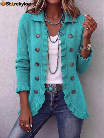 Lapel Ruffle Trim Double‑Breasted Long Sleeve Open Front Knit Cardigan Jacket - Green / S