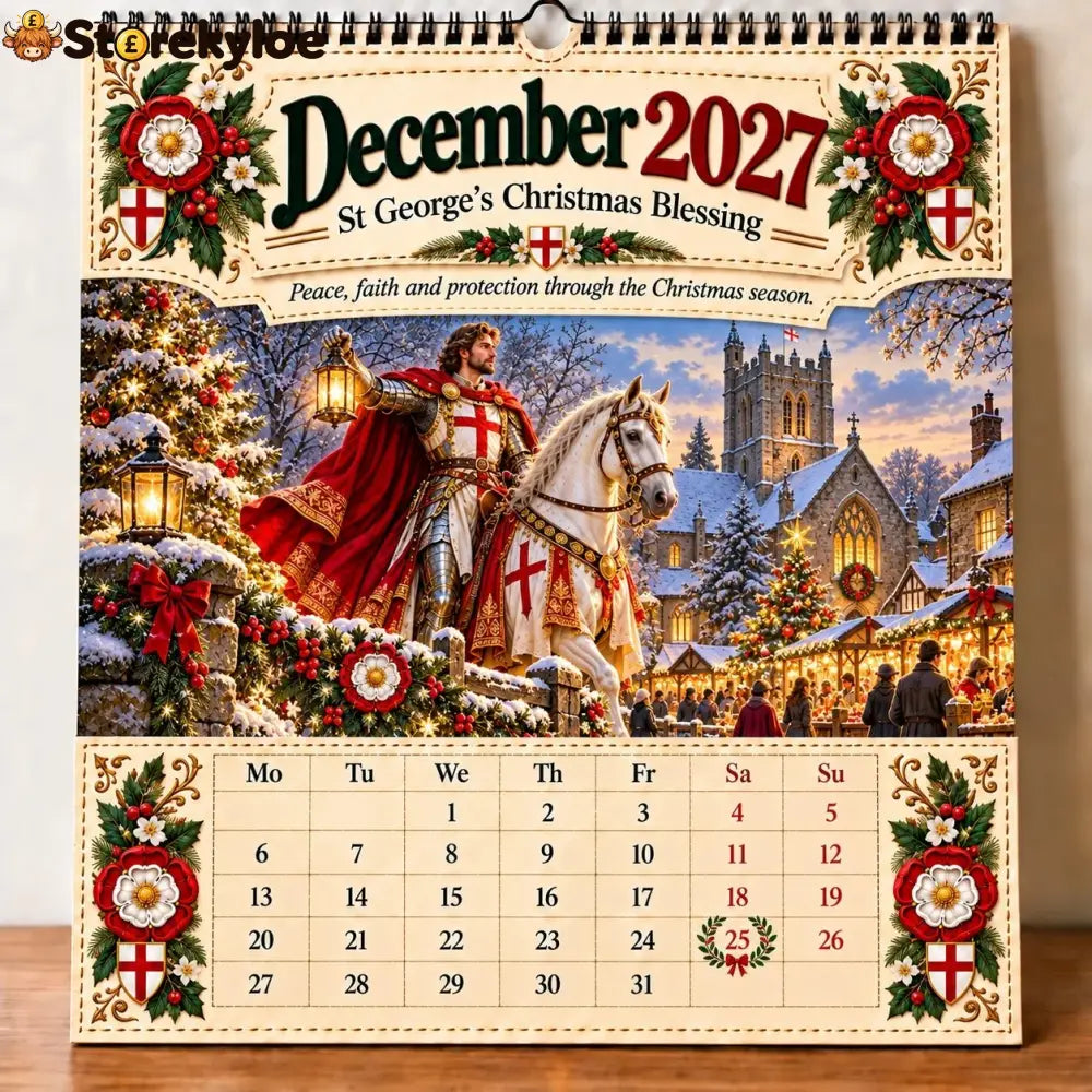 ⏳ Last Day 49% OFF – 🛡️ 2027 England St. George Wall Calendar | 12 Illustrated Monthly Scenes with Faith Courage &