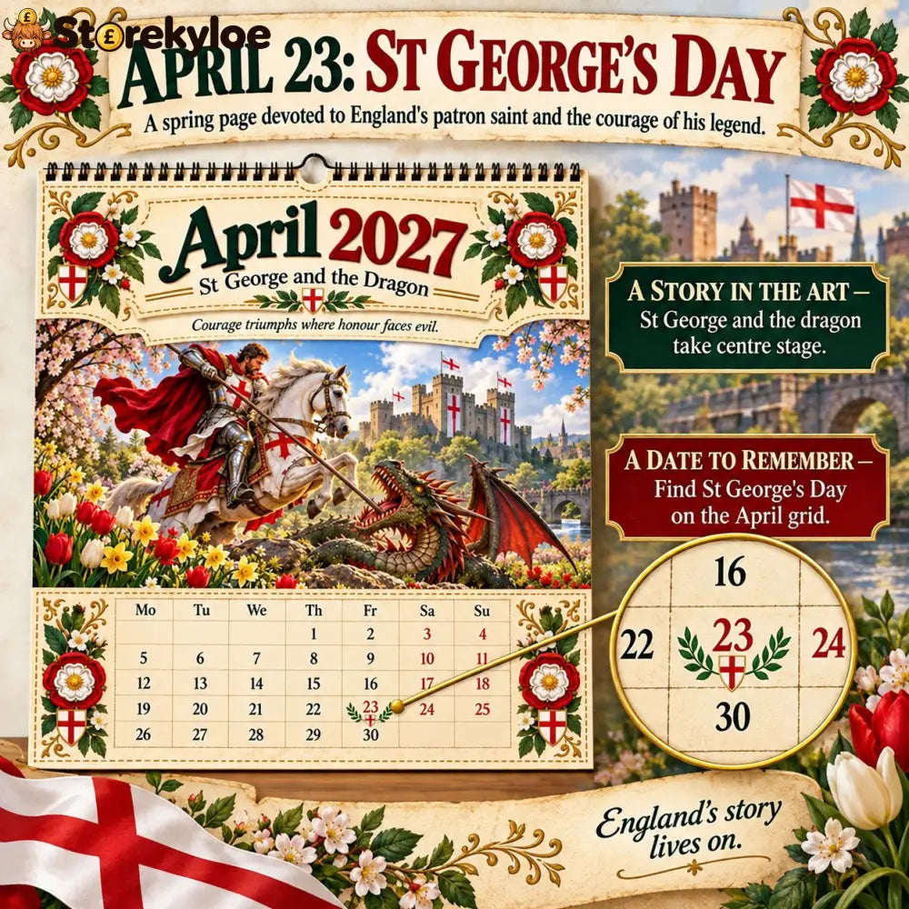 ⏳ Last Day 49% OFF – 🛡️ 2027 England St. George Wall Calendar | 12 Illustrated Monthly Scenes with Faith Courage &