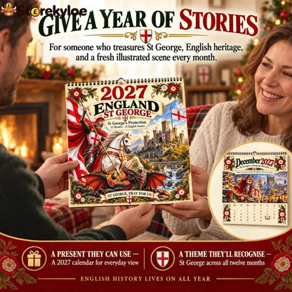 ⏳ Last Day 49% OFF – 🛡️ 2027 England St. George Wall Calendar | 12 Illustrated Monthly Scenes with Faith Courage &