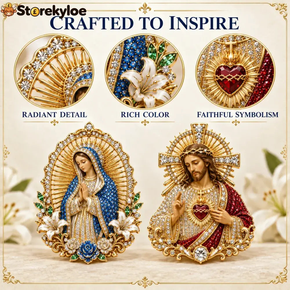 ⏳ Last Day 49% OFF – ✝️ 3D Jesus & Mary Sacred Devotion Pin | Gold-Tone Crystal Christian Brooch ❤️