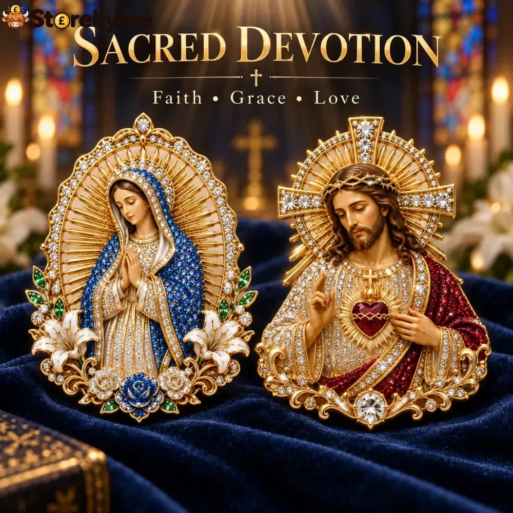 ⏳ Last Day 49% OFF – ✝️ 3D Jesus & Mary Sacred Devotion Pin | Gold-Tone Crystal Christian Brooch ❤️