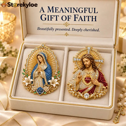 ⏳ Last Day 49% OFF – ✝️ 3D Jesus & Mary Sacred Devotion Pin | Gold-Tone Crystal Christian Brooch ❤️