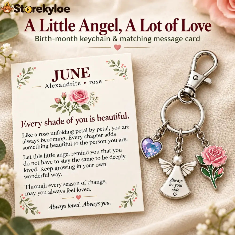 ⏳ Last Day 49% OFF, 👼 Always By Your Side: Birth Month Angel & Flower Keychain + Keepsake Card 🌸