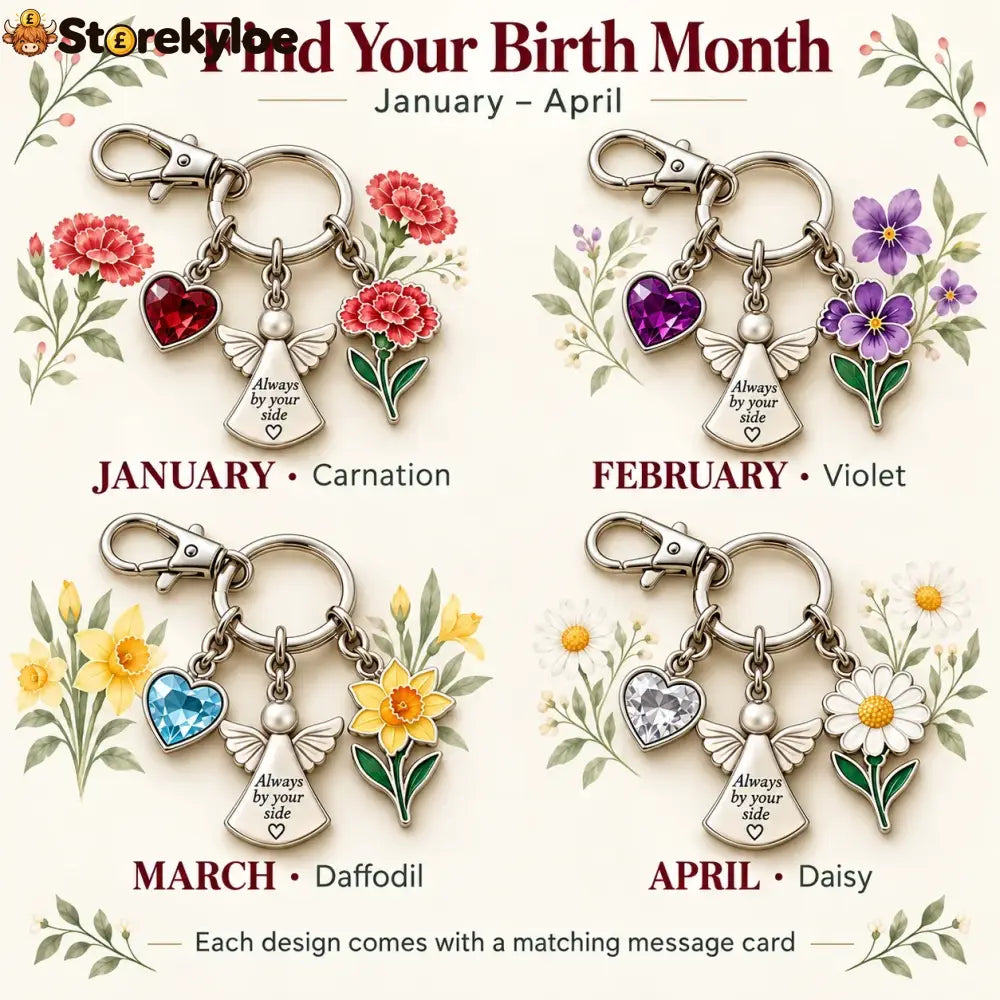 ⏳ Last Day 49% OFF, 👼 Always By Your Side: Birth Month Angel & Flower Keychain + Keepsake Card 🌸