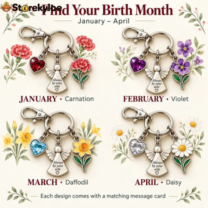 ⏳ Last Day 49% OFF, 👼 Always By Your Side: Birth Month Angel & Flower Keychain + Keepsake Card 🌸