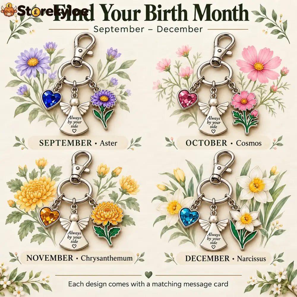 ⏳ Last Day 49% OFF, 👼 Always By Your Side: Birth Month Angel & Flower Keychain + Keepsake Card 🌸