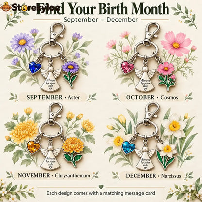 ⏳ Last Day 49% OFF, 👼 Always By Your Side: Birth Month Angel & Flower Keychain + Keepsake Card 🌸