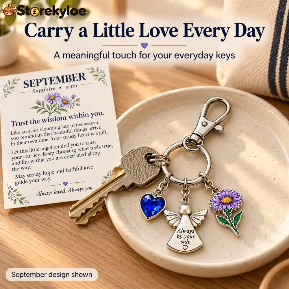 ⏳ Last Day 49% OFF, 👼 Always By Your Side: Birth Month Angel & Flower Keychain + Keepsake Card 🌸