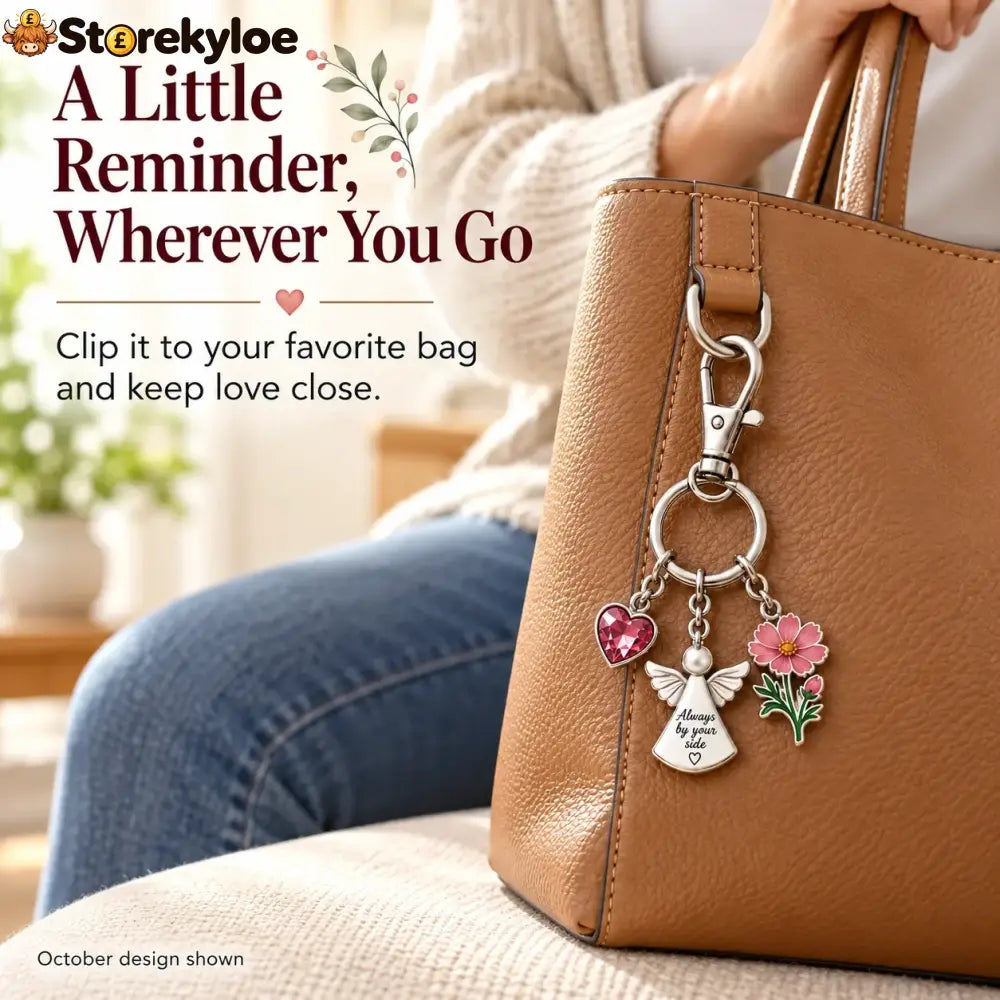 ⏳ Last Day 49% OFF, 👼 Always By Your Side: Birth Month Angel & Flower Keychain + Keepsake Card 🌸