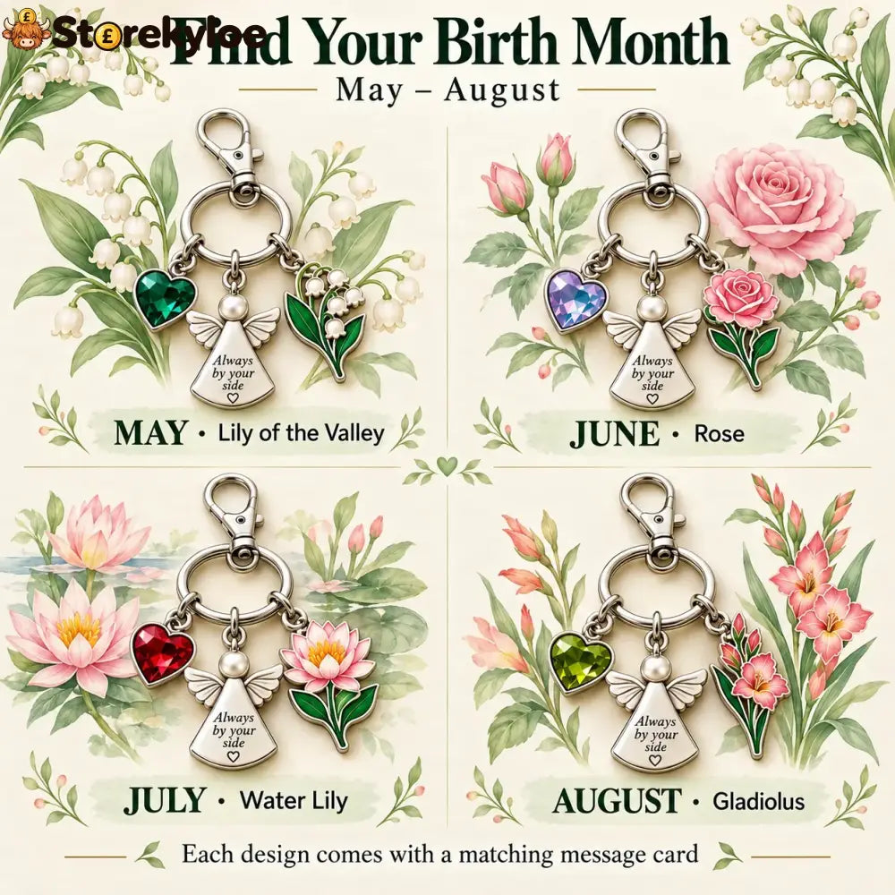 ⏳ Last Day 49% OFF, 👼 Always By Your Side: Birth Month Angel & Flower Keychain + Keepsake Card 🌸