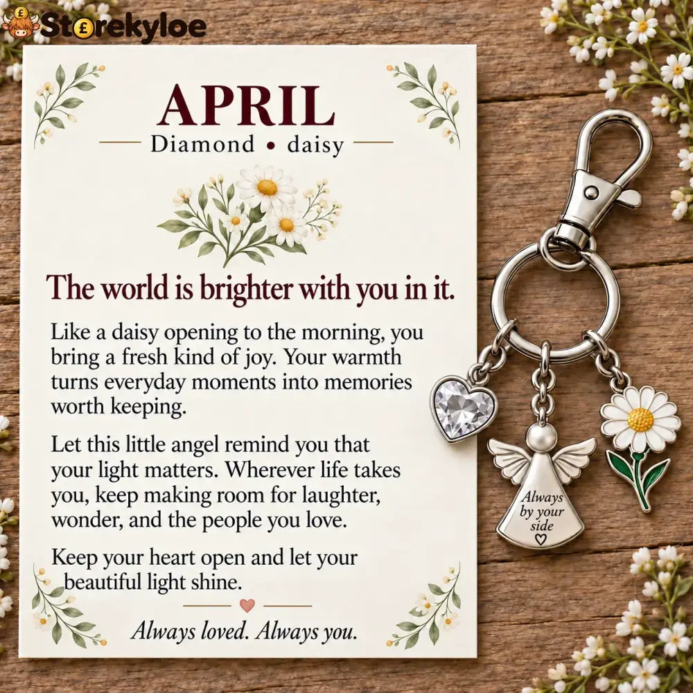 ⏳ Last Day 49% OFF, 👼 Always By Your Side: Birth Month Angel & Flower Keychain + Keepsake Card 🌸 - 💎 April: Diamond &