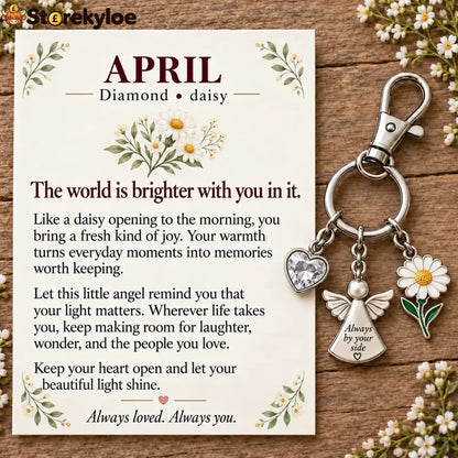 ⏳ Last Day 49% OFF, 👼 Always By Your Side: Birth Month Angel & Flower Keychain + Keepsake Card 🌸 - 💎 April: Diamond &