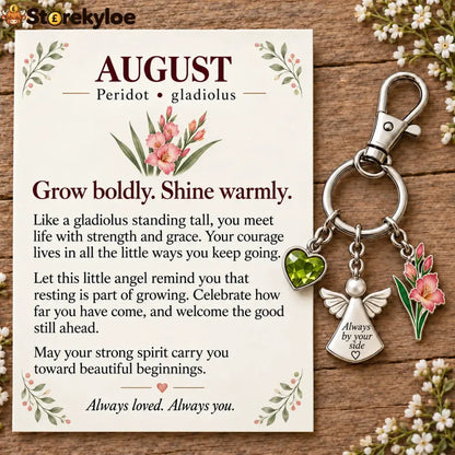 ⏳ Last Day 49% OFF, 👼 Always By Your Side: Birth Month Angel & Flower Keychain + Keepsake Card 🌸 - ☀️ August: Peridot &