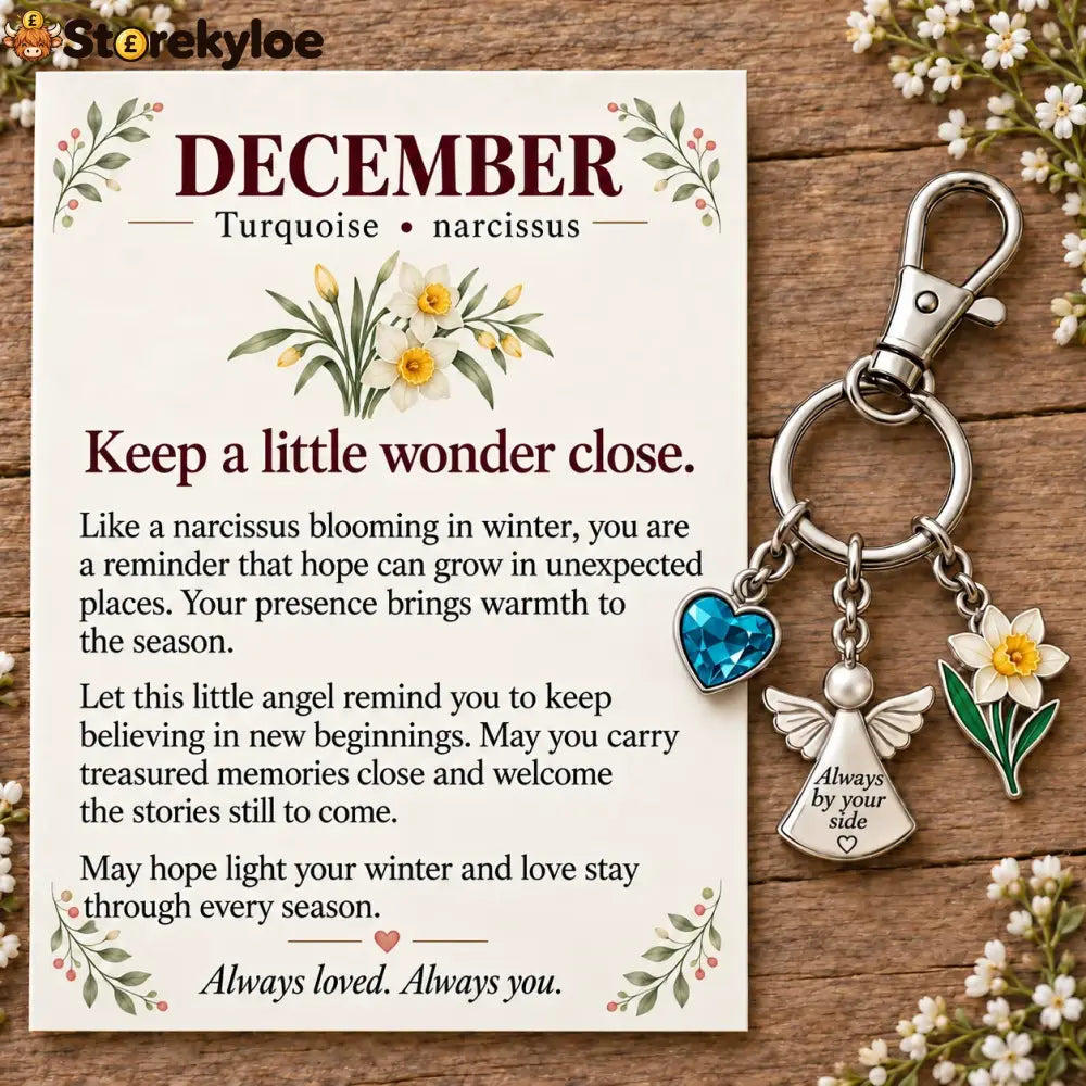 ⏳ Last Day 49% OFF, 👼 Always By Your Side: Birth Month Angel & Flower Keychain + Keepsake Card 🌸 - ⛄ December: