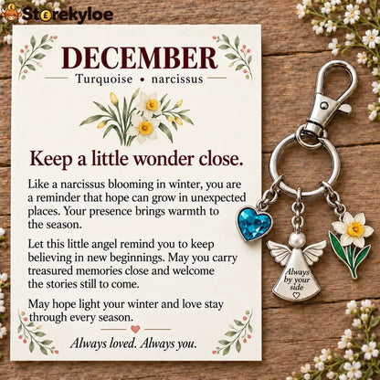 ⏳ Last Day 49% OFF, 👼 Always By Your Side: Birth Month Angel & Flower Keychain + Keepsake Card 🌸 - ⛄ December: