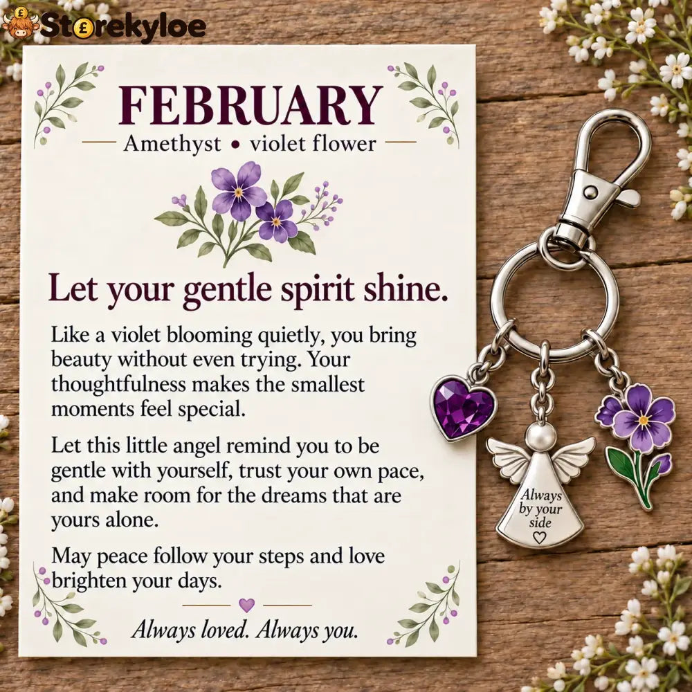 ⏳ Last Day 49% OFF, 👼 Always By Your Side: Birth Month Angel & Flower Keychain + Keepsake Card 🌸 - 💜 February: Amethyst