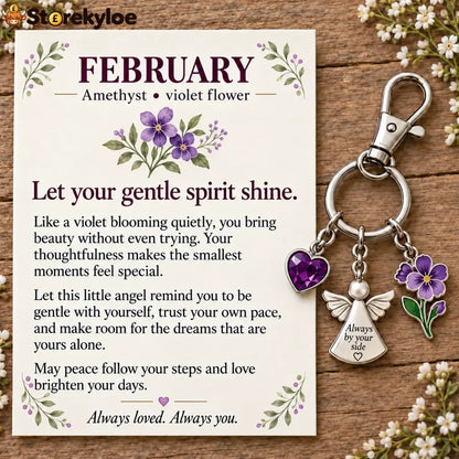 ⏳ Last Day 49% OFF, 👼 Always By Your Side: Birth Month Angel & Flower Keychain + Keepsake Card 🌸 - 💜 February: Amethyst