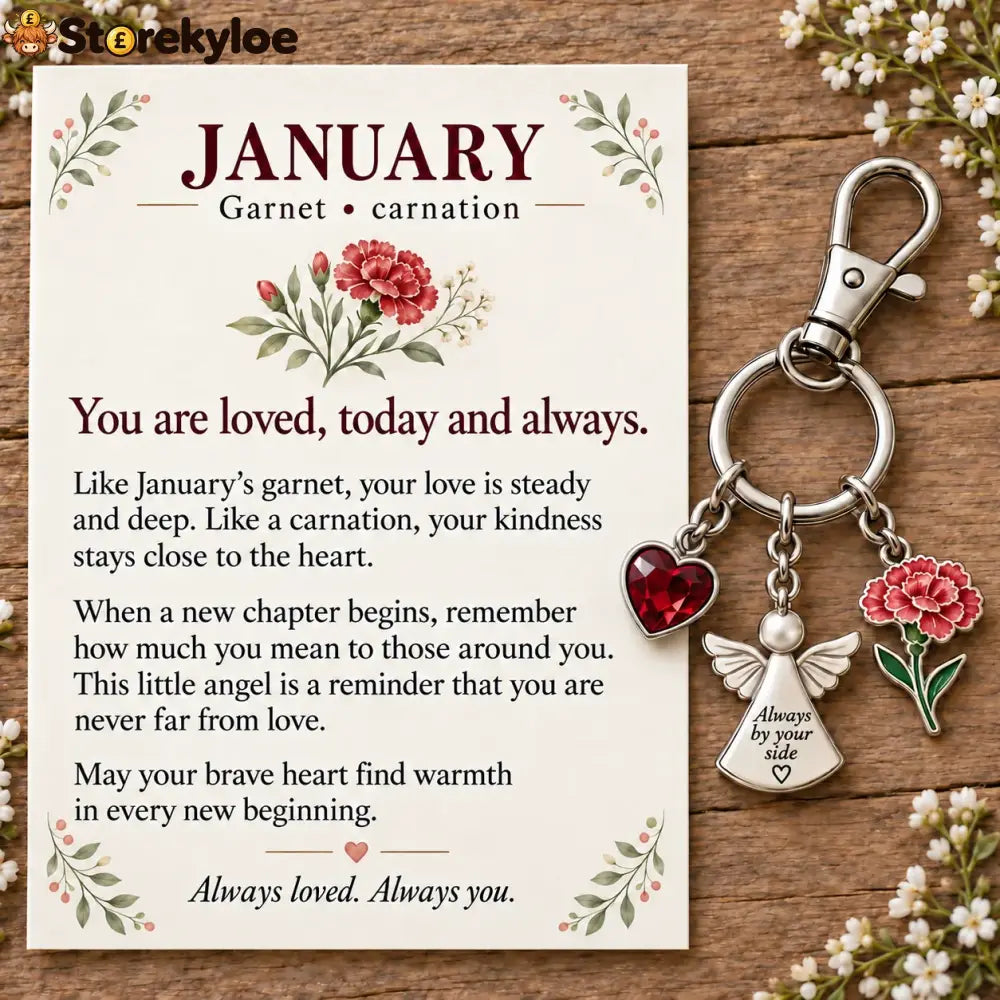 ⏳ Last Day 49% OFF, 👼 Always By Your Side: Birth Month Angel & Flower Keychain + Keepsake Card 🌸 - ❄️ January: Garnet &