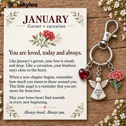 ⏳ Last Day 49% OFF, 👼 Always By Your Side: Birth Month Angel & Flower Keychain + Keepsake Card 🌸 - ❄️ January: Garnet &